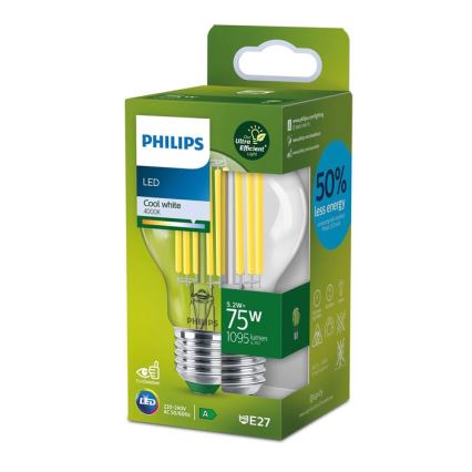 Bec cu filament LED Philips A60 E27/5,2W/230V 4000K