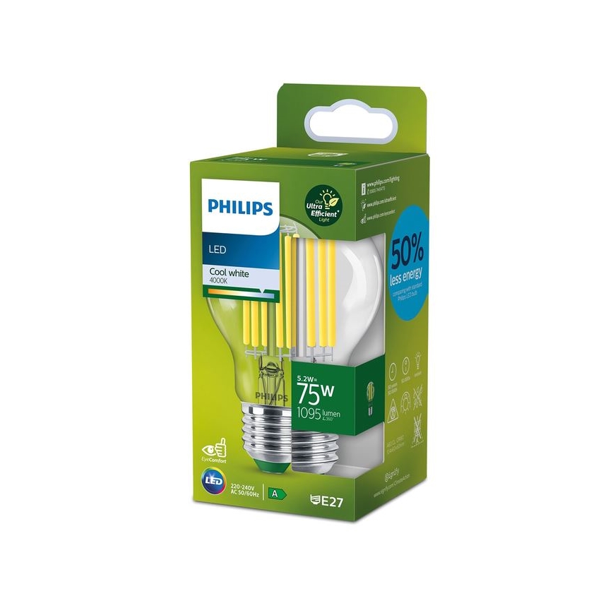 Bec cu filament LED Philips A60 E27/5,2W/230V 4000K