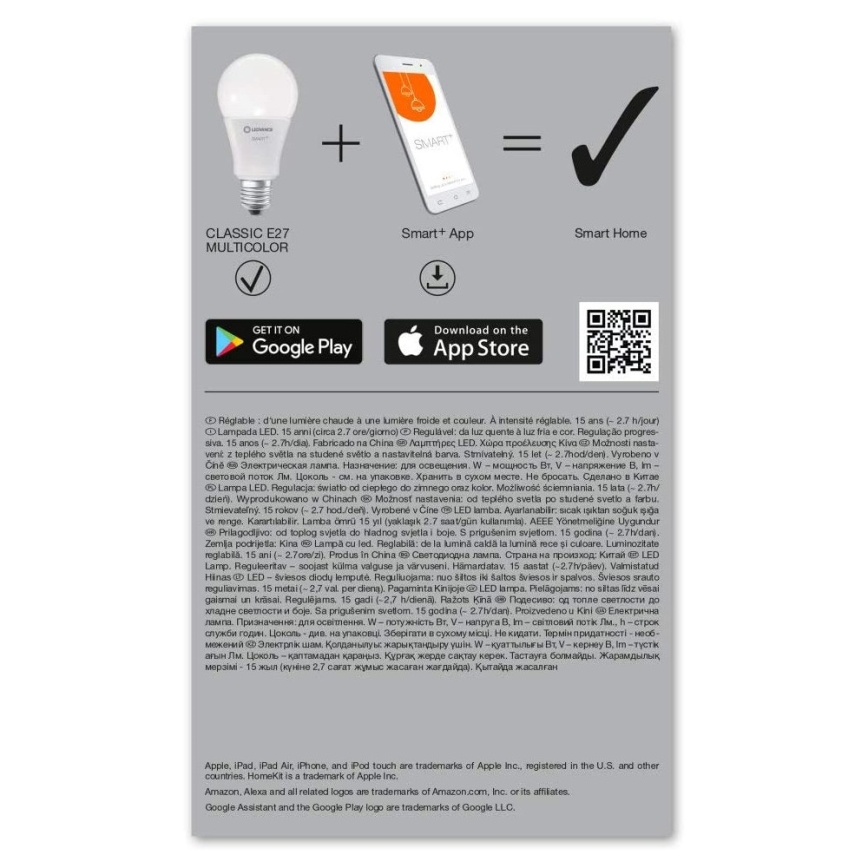 Bec de iluminare LED RGB SMART + E27/14W/230V 2.700K-6.500K - Ledvance