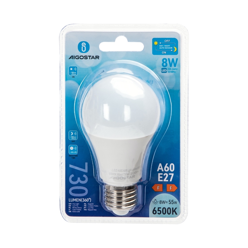 Bec LED A60 cu senzor crepuscular, soclu E27, 8W, 230V, 6500K - Aigostar
