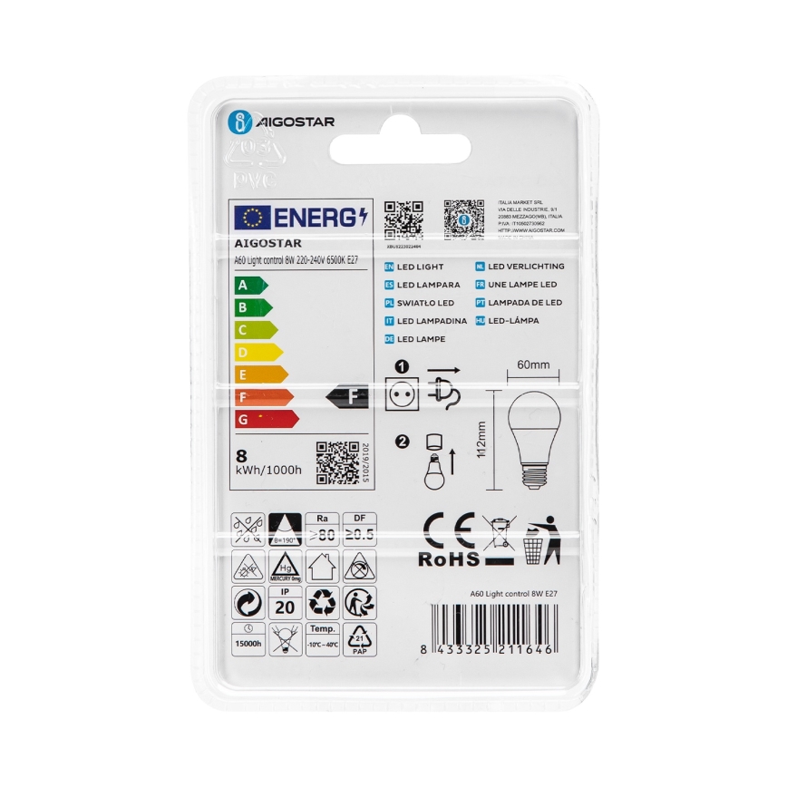 Bec LED A60 cu senzor crepuscular, soclu E27, 8W, 230V, 6500K - Aigostar