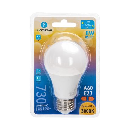Bec LED A60 cu senzor de amurg, soclu E27, 8W, 230V, 3000K - Aigostar