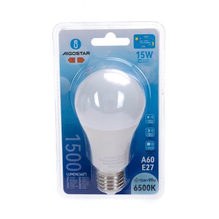 Bec LED A60 E27, 15W, 230V, 6500K, cu senzor de amurg - Aigostar