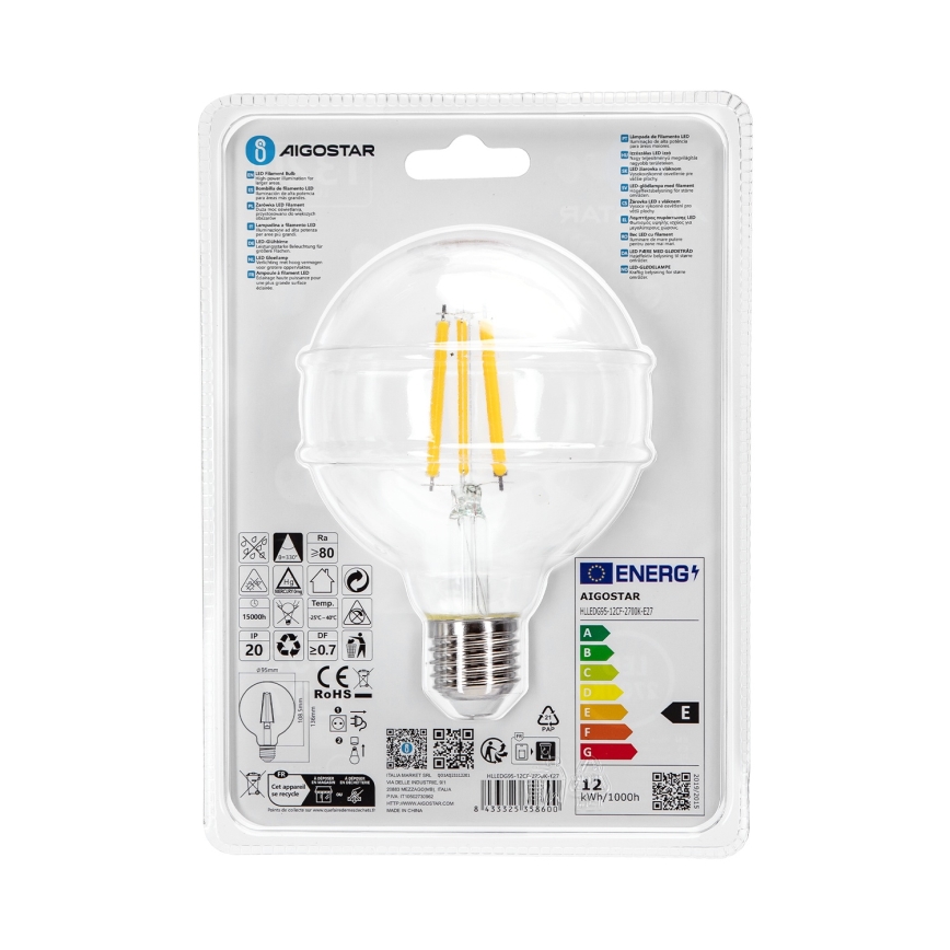 Bec LED Aigostar G95 E27/12W/230V 2700K