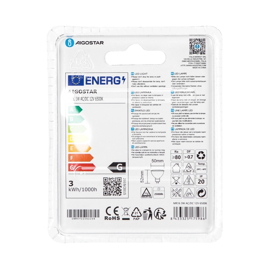 Bec LED Aigostar MR16 GU5,3/3W/12V 6500K