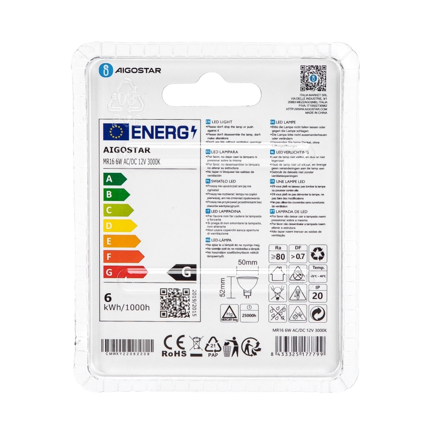 Bec LED Aigostar MR16 GU5,3/6W/12V 3000K