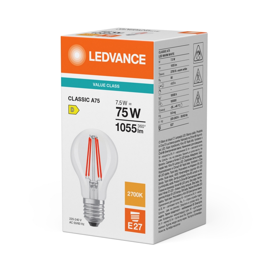 Bec LED CLASSIC FILAMENT A60 E27/7,5W/230V 2700K - Ledvance