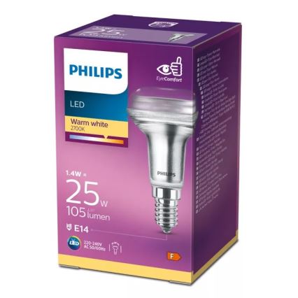 Bec LED cu reflector Philips R50, soclu E14, 1,4 W, 230 V, 2700 K