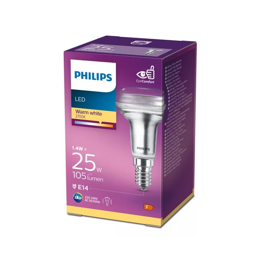 Bec LED cu reflector Philips R50, soclu E14, 1,4 W, 230 V, 2700 K