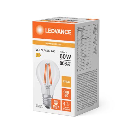 Bec LED cu senzor de amurg CLASSIC FILAMENT A60 E27/7,3W/230V 2700K - Osram