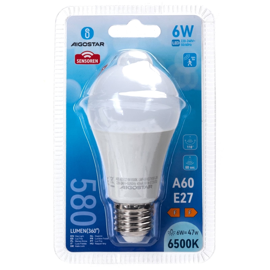 Bec LED cu senzor de mișcare și crepuscular A60 E27/6W/230V 6500K - Aigostar