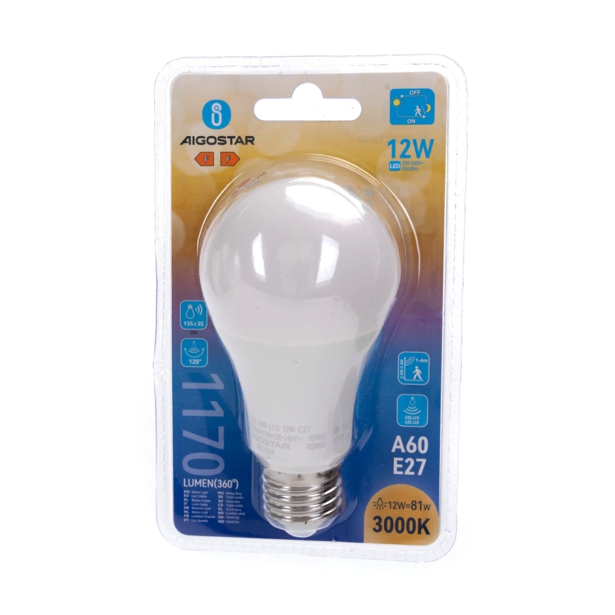 Bec LED cu senzor de mișcare și de amurg A60 E27/12W/230V 3000K - Aigostar