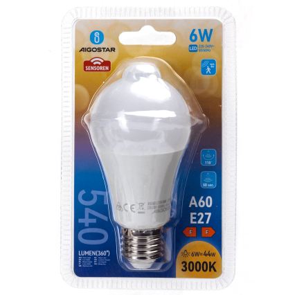 Bec LED cu senzor de mișcare și de amurg A60 E27/6W/230V 3000K - Aigostar