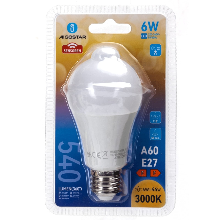 Bec LED cu senzor de mișcare și de amurg A60 E27/6W/230V 3000K - Aigostar