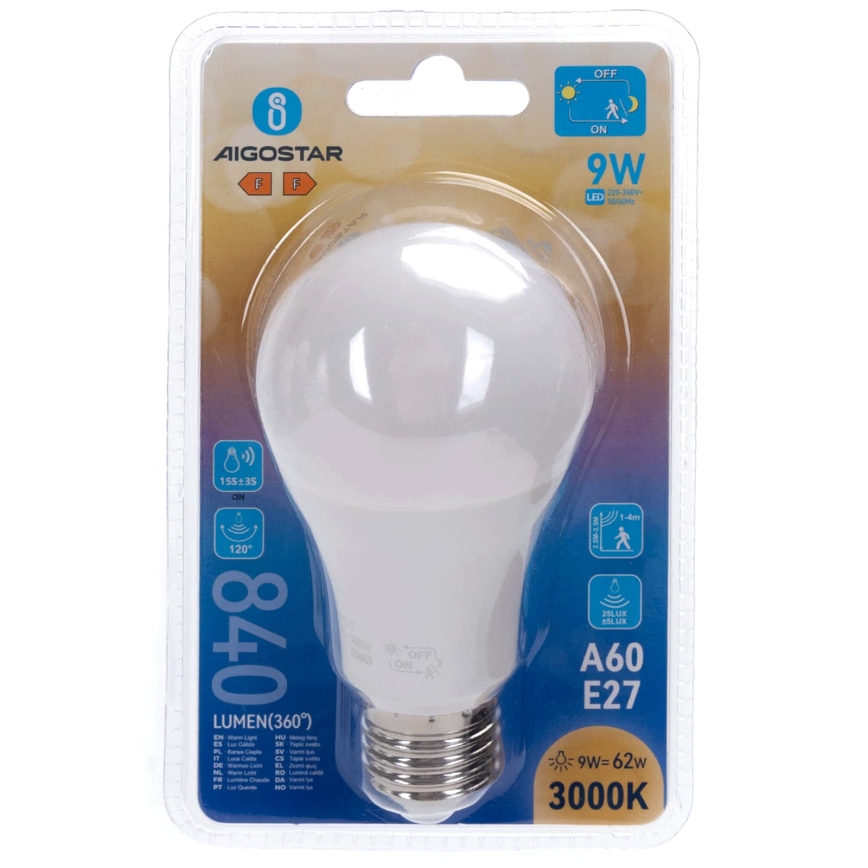 Bec LED cu senzor de mișcare și de amurg A60 E27/9W/230V 3000K - Aigostar