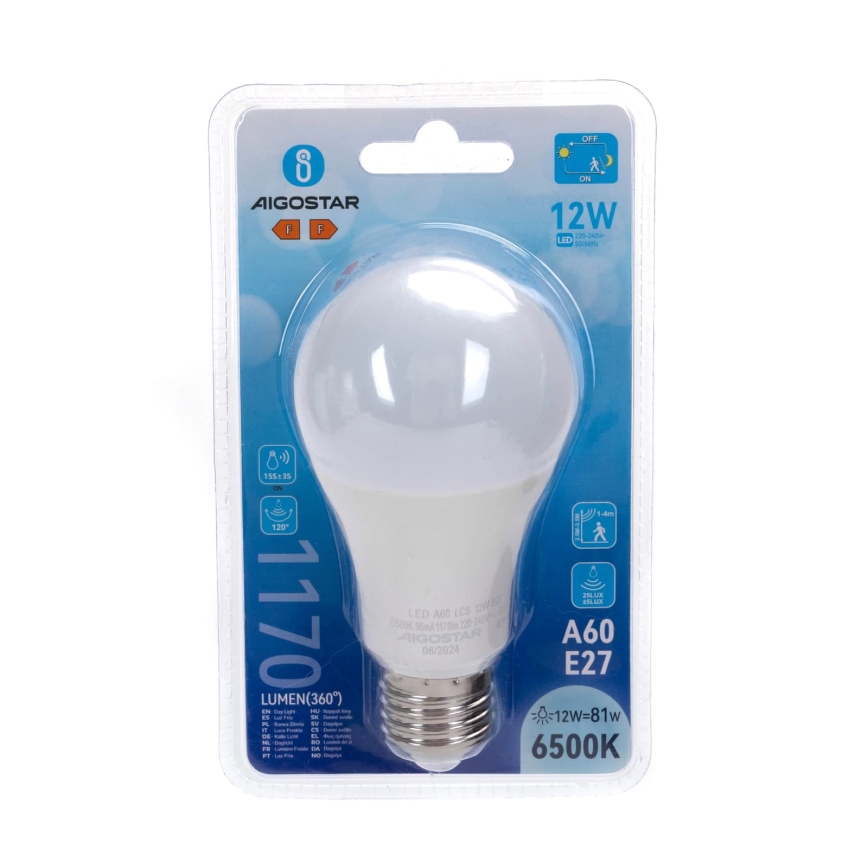 Bec LED cu senzor de mișcare și senzor crepuscular A60 E27/12W/230V 6500K - Aigostar