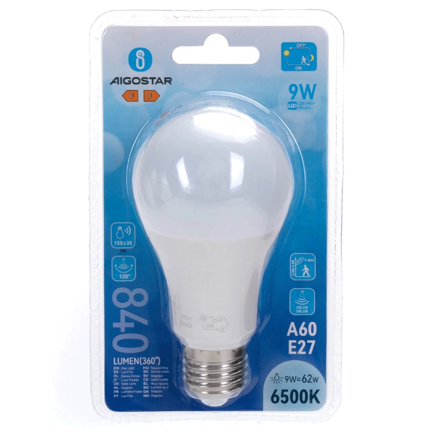 Bec LED cu senzor de mișcare și senzor crepuscular A60 E27/9W/230V 6500K - Aigostar