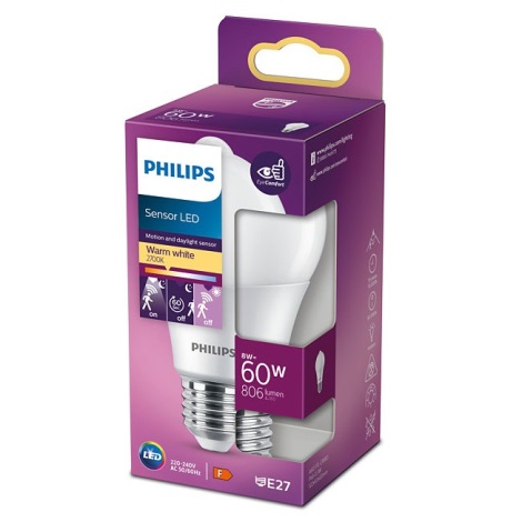 Bec LED cu senzor Philips A60 E27/8W/230V 2700K
