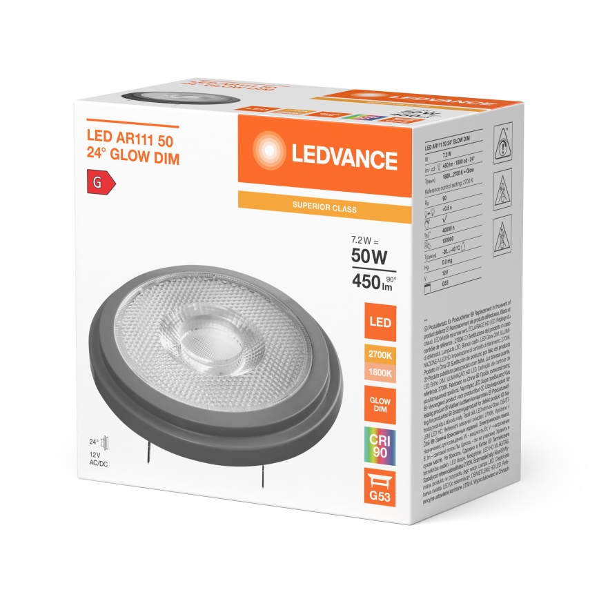 Bec LED dimabil AR111 G53/7,2W/12V 1800-2700K 24° CRI 90 - Ledvance