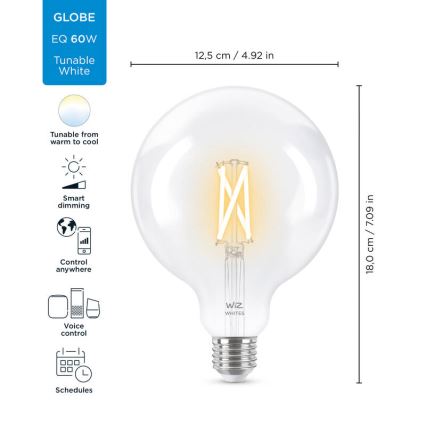 Bec LED dimabil FILAMENT G125 E27/7W/230V 2700-6500K CRI 90 Wi-Fi WiZ