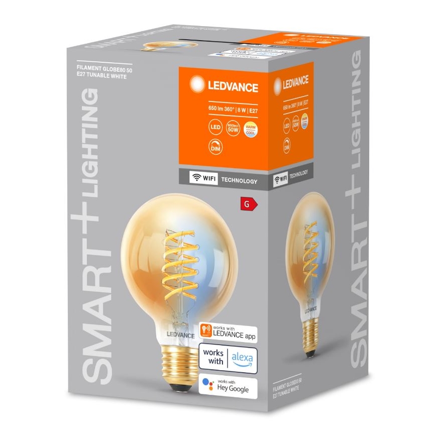 Bec LED dimabil Ledvance SMART+ FILAMENT GLOBE G80 E27/8W/230V 2200-5000K Wi-Fi