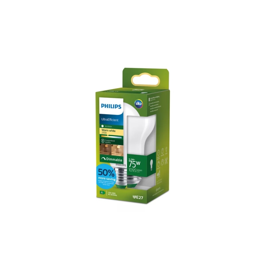 Bec LED dimabil Philips ULTRAEFFICIENT A60 E27/5,2W/230V 2700K
