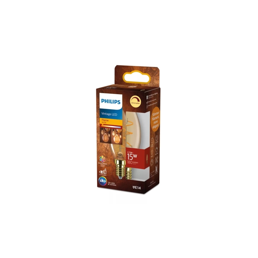 Bec LED dimabil Philips Vintage B35, soclu E14, 2,7 W, 230 V, 1800 K, CRI 90