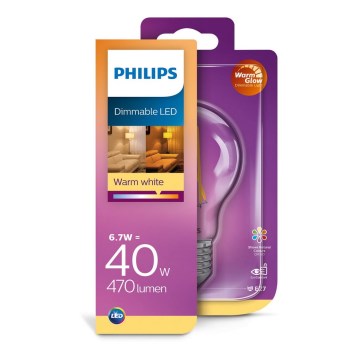 Bec LED dimabil Philips Warm Glow E27/6,7W/230V 2200K-2700K CRI 90