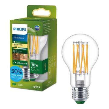 Bec LED dimabil ULTRAEFFICIENT VINTAGE Philips A60 E27/5,2W/230V 2700K