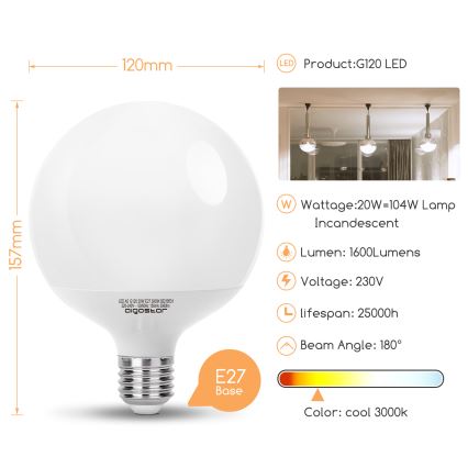 Bec LED G120 E27/20W/230V 3000K - Aigostar