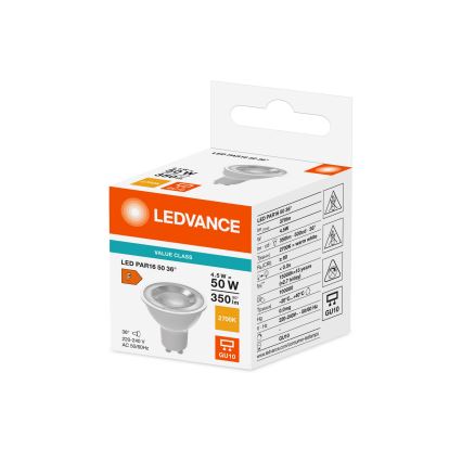 Bec LED PAR16 GU10 cu reflector, 4,5 W, 230 V, 2700 K, 36° - Ledvance