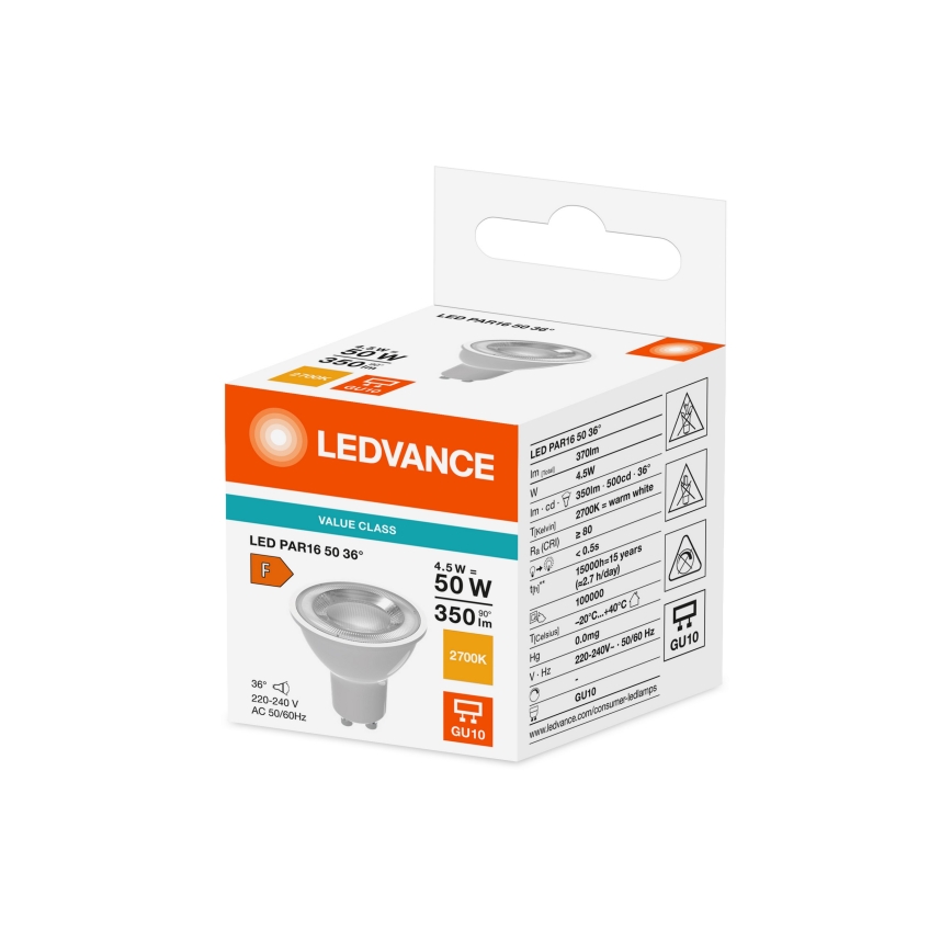 Bec LED PAR16 GU10 cu reflector, 4,5 W, 230 V, 2700 K, 36° - Ledvance