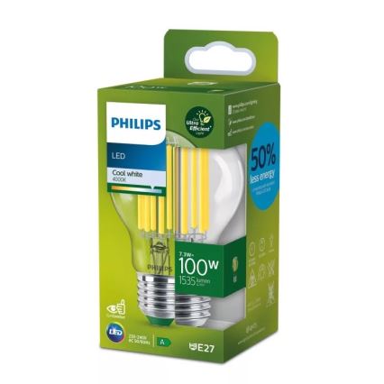 Bec LED Philips ULTRAEFFICIENT FILAMENT A60 E27, 7,3 W, 230 V, 4000 K
