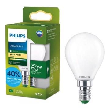 Bec LED Philips ULTRAEFFICIENT P45 E14, 3,8 W, 230 V, 2700 K