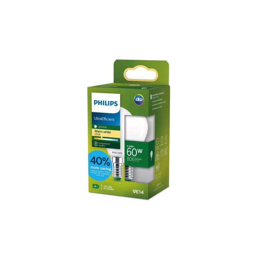 Bec LED Philips ULTRAEFFICIENT P45 E14, 3,8 W, 230 V, 2700 K