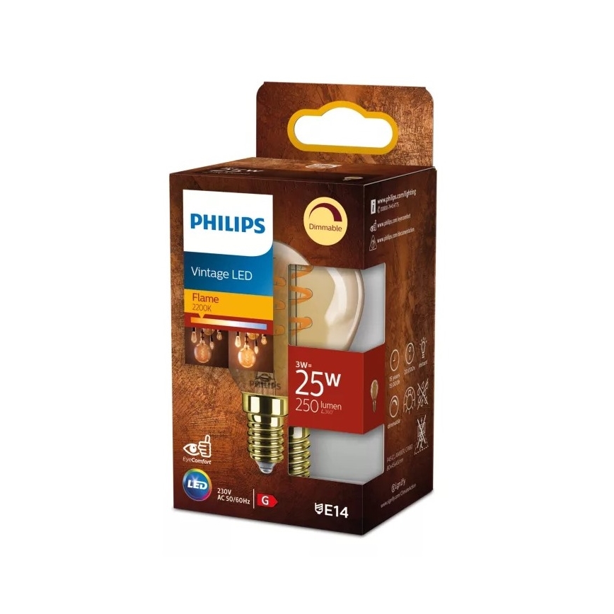 Bec LED Philips Vintage P45, reglabil, E14, 3W/230V, 2200K