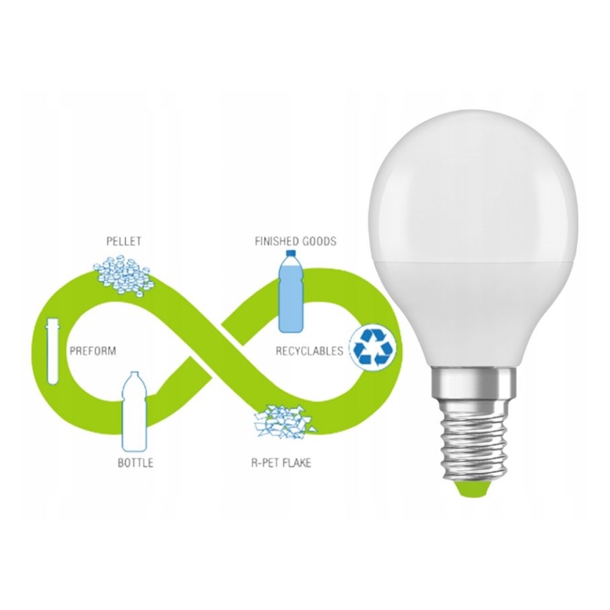 Bec LED realizat din plastic reciclat Ledvance P45 E14/4,9W/230V 2700K