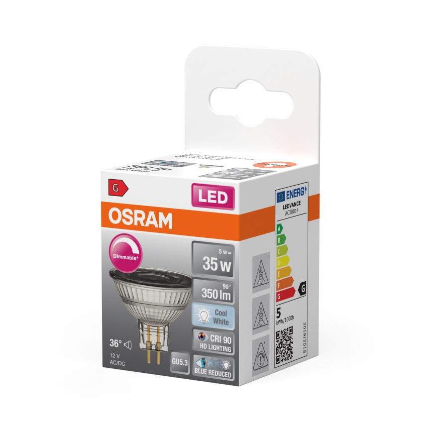 Bec LED reflector dimabil MR16 GU5,3/5W/12V 4000K 36° CRI 90 - Osram