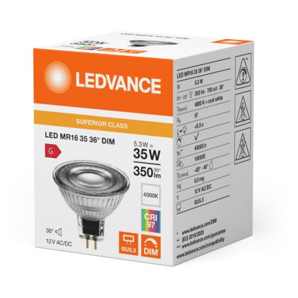 Bec reflector LED dimerizabil MR16 GU5,3/5,3W/12V 4000K 36° CRI 97 - Ledvance