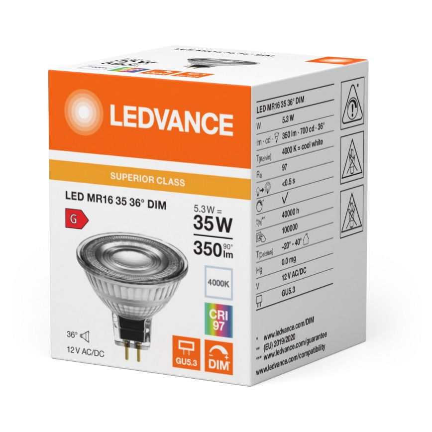 Bec reflector LED dimerizabil MR16 GU5,3/5,3W/12V 4000K 36° CRI 97 - Ledvance