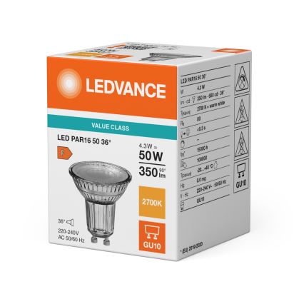 Bec LED reflector PAR16 GU10/4,3W/230V 2700K 36° - Ledvance