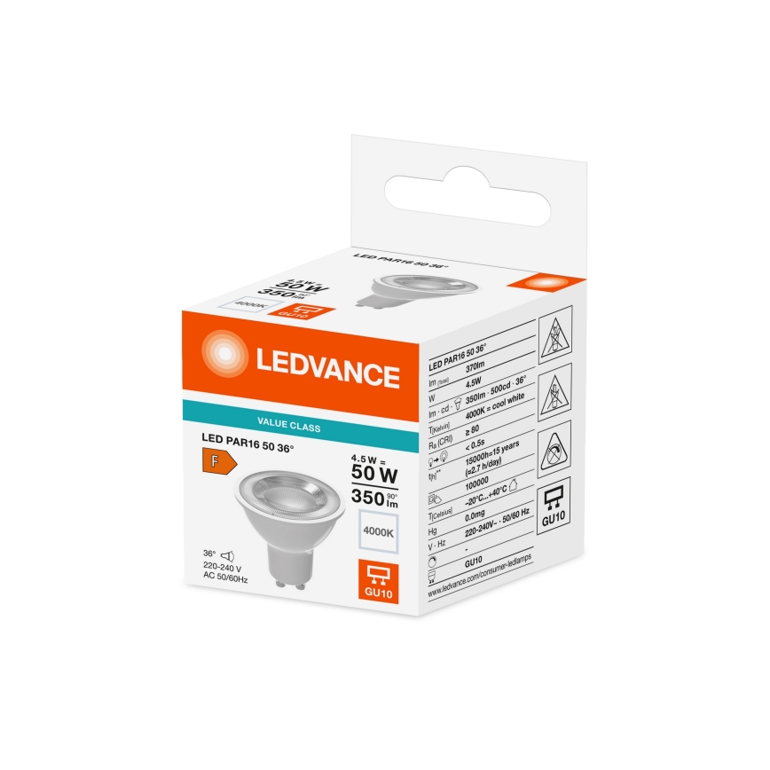 Bec LED reflector PAR16 GU10, 4,5W, 230V, 4000K, 36° - Ledvance