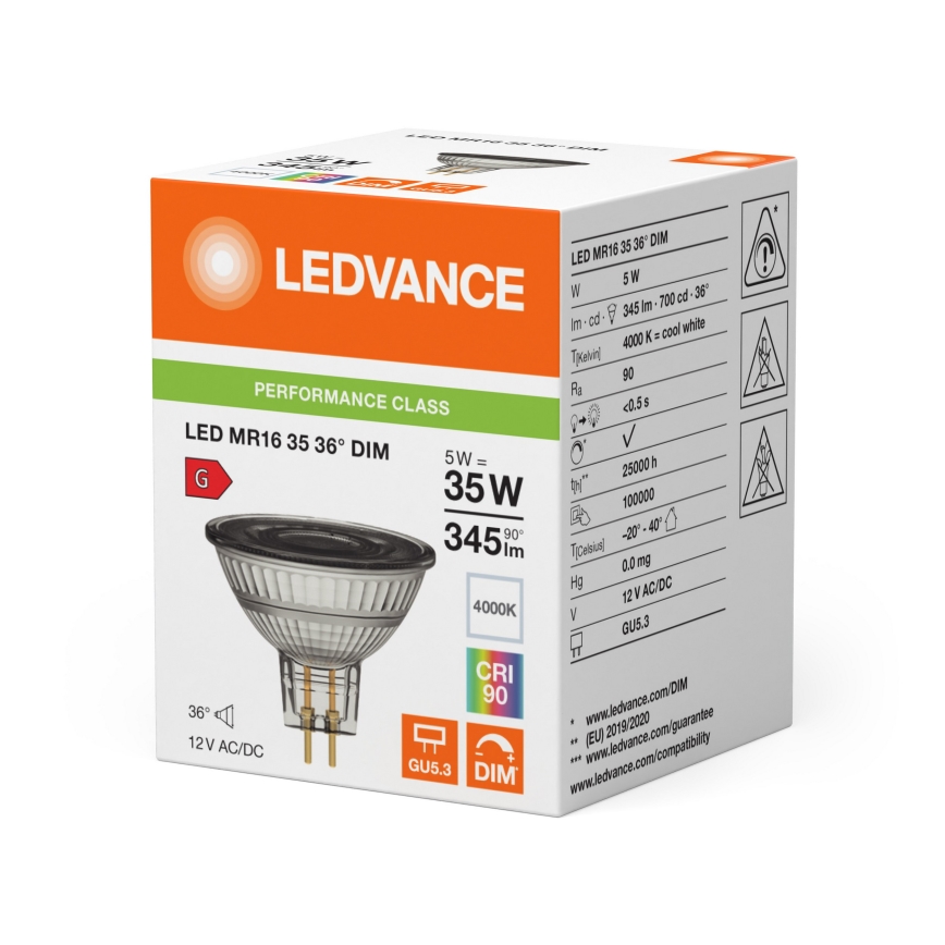 Bec LED reflector dimabil MR16 GU5,3/5W/12V 4000K 36° CRI 90 - Ledvance