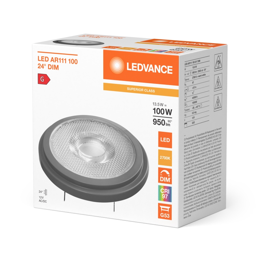 Bec LED reglabil AR111 G53/13,5W/12V 2700K 24° CRI 97 - Ledvance