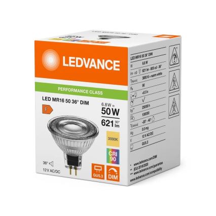 Bec LED reglabil MR16 GU5.3, 6,8 W, 12 V, 3000 K, 36°, CRI 90 - Ledvance