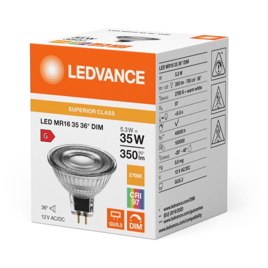 Bec LED reflector dimabil MR16 GU5,3/5,3W/12V 2700K 36° CRI 97 - Ledvance