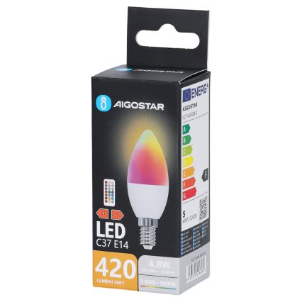 Bec LED RGBW C37 E14/4,8W/230V 3000K + telecomandă - Aigostar