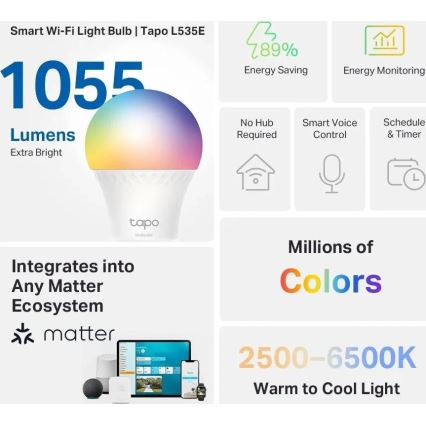 Bec LED RGBW reglabil MATTER A60 E27/8,6W/230V 2500-6500K Wi-Fi - TP-Link