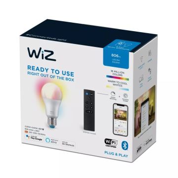 Bec LED RGBW dimabil WiZ A60 E27/8,5W/230V 2200-6500K CRI 90 Wi-Fi + telecomandă