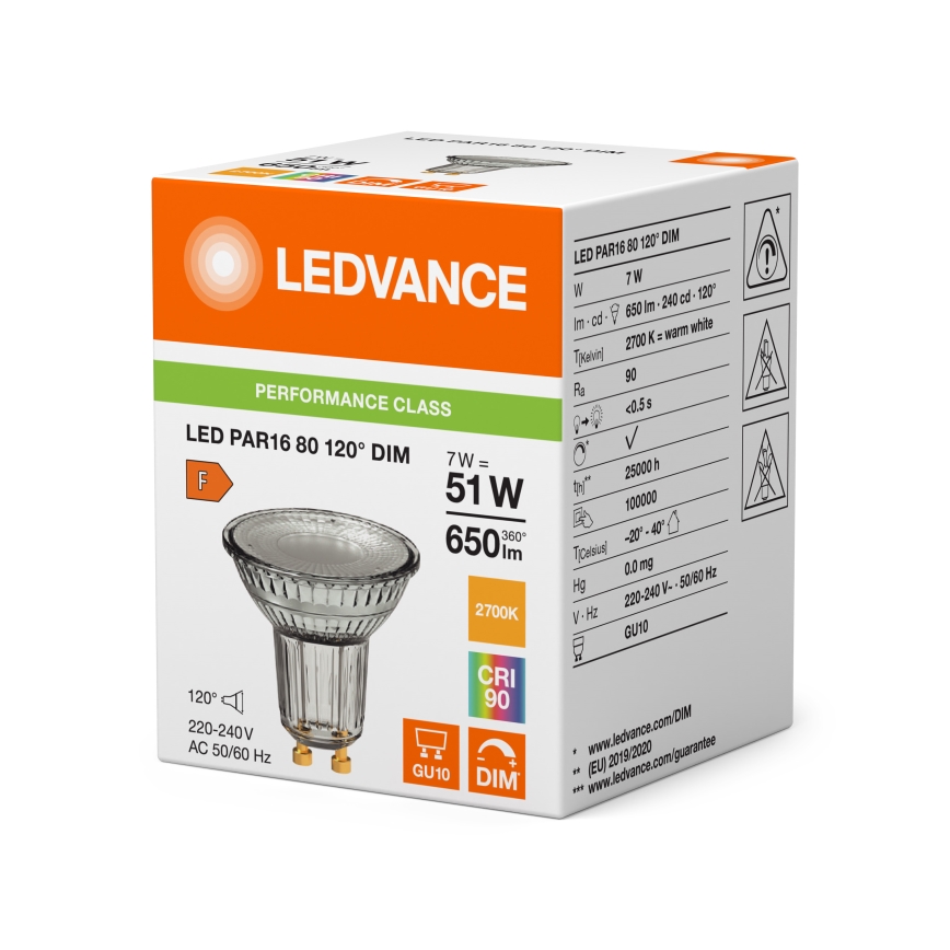 Bec LED dimabil reflector PAR16 GU10/7W/230V 2700K 120° CRI 90 - Ledvance